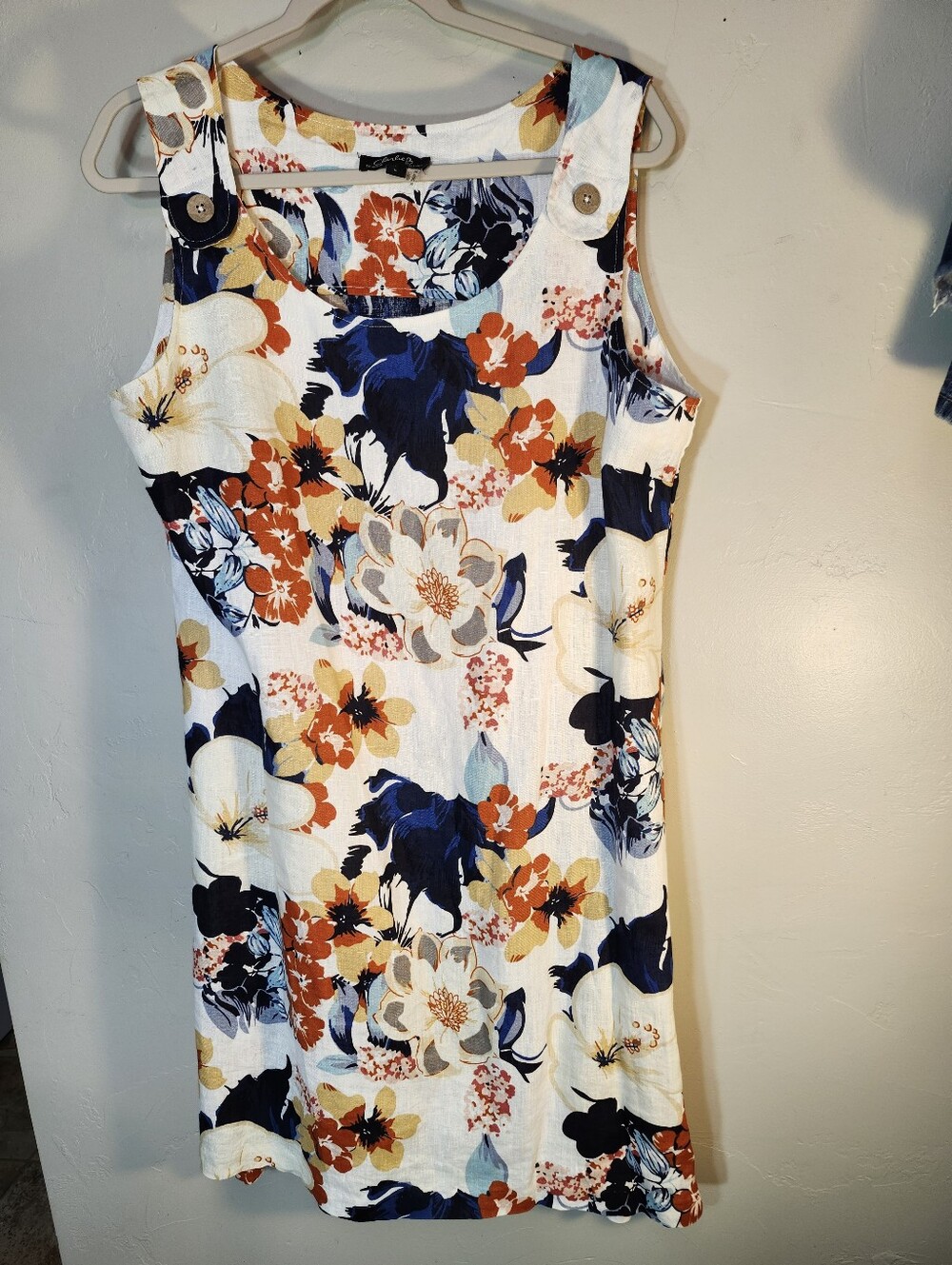 CHARLIE B Floral Button-Strap Mini Dress in White, Navy & Orange 100% Linen
